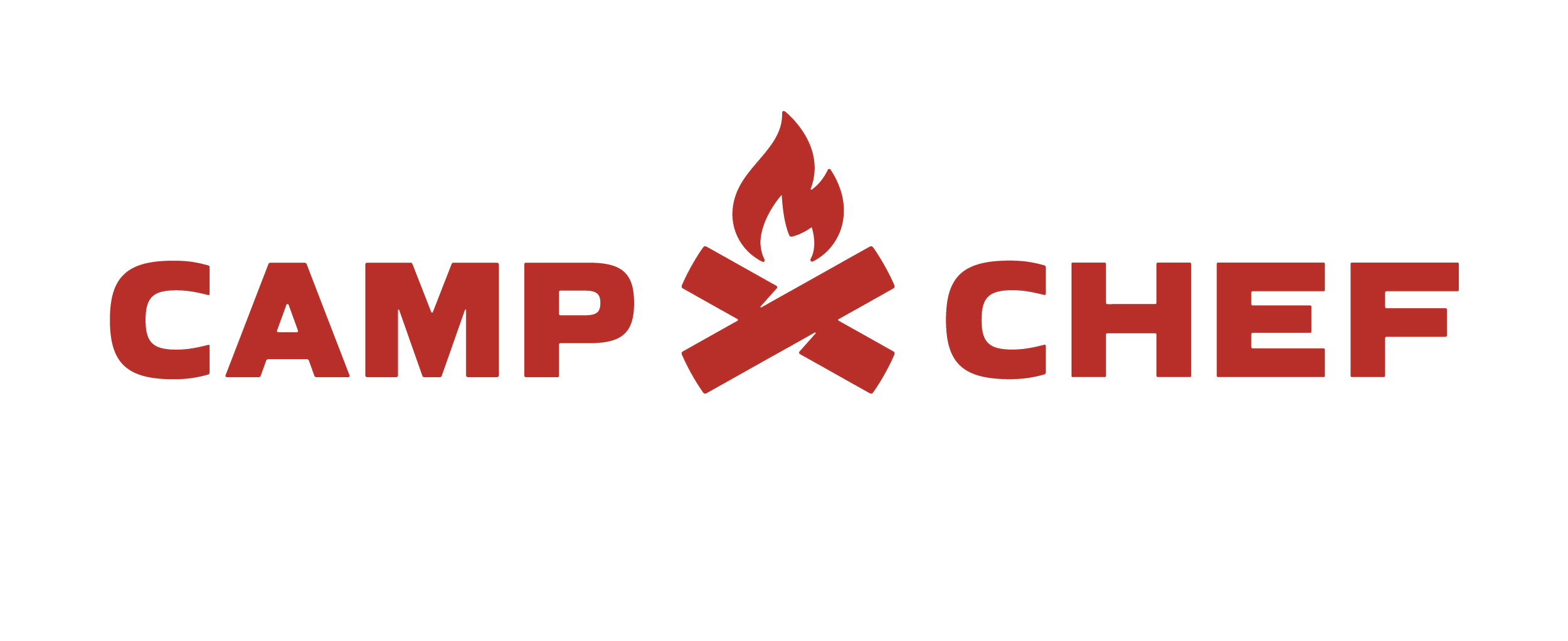 Camp Chef logo with red text and a stylized campfire graphic in the middle.