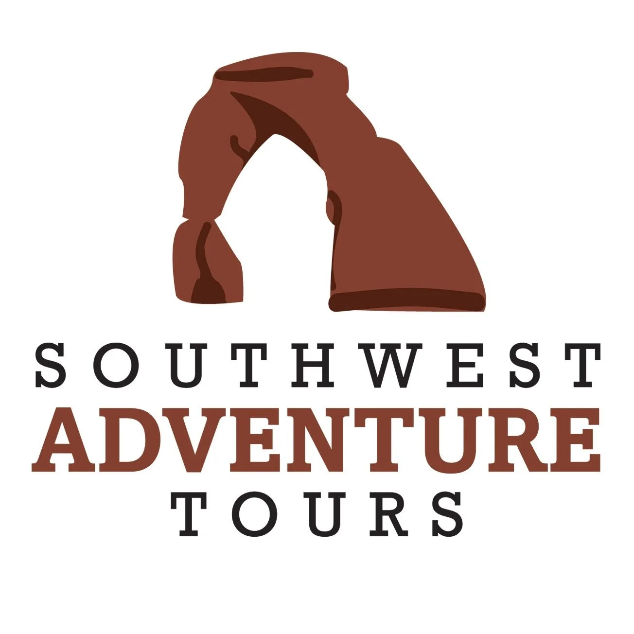 Logo with a stylized brown arch rock and text that reads "Southwest Adventure Tours" in black and brown letters.