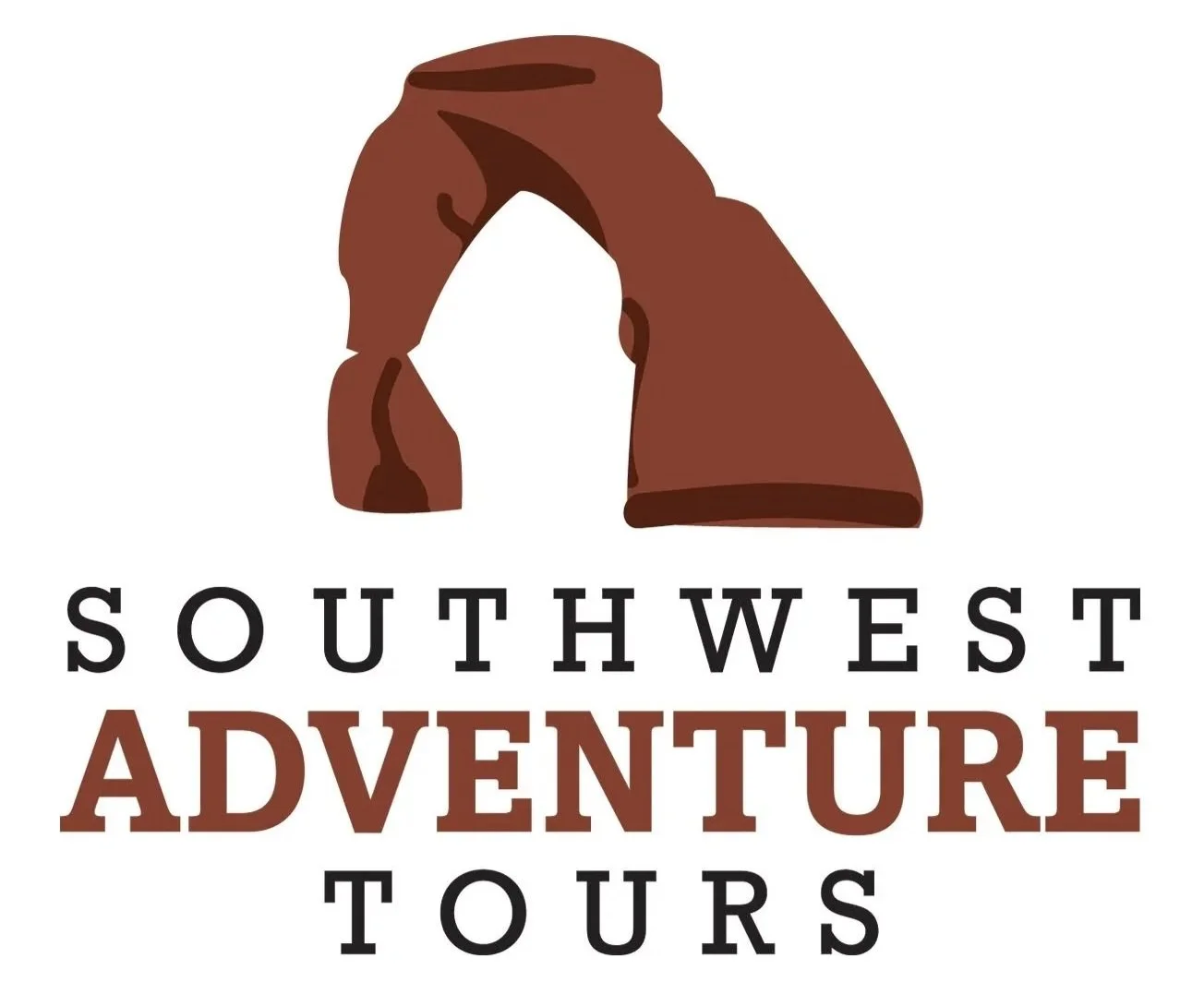 Logo of Southwest Adventure Tours featuring a stylized brown rock formation and the company name in black and brown text.