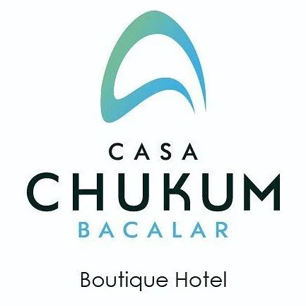 Logo of Casa Chukum Bacalar, a boutique hotel, featuring a stylized blue and green wave above the hotel name.
