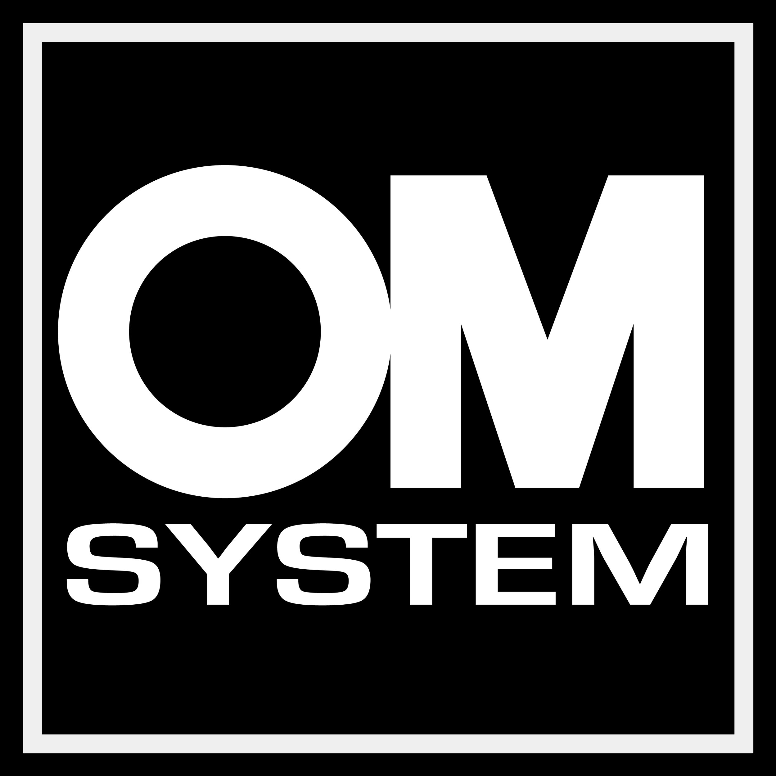 Black and white message graphic with the words "OM SYSTEM" in bold letters, arranged in a square layout.
