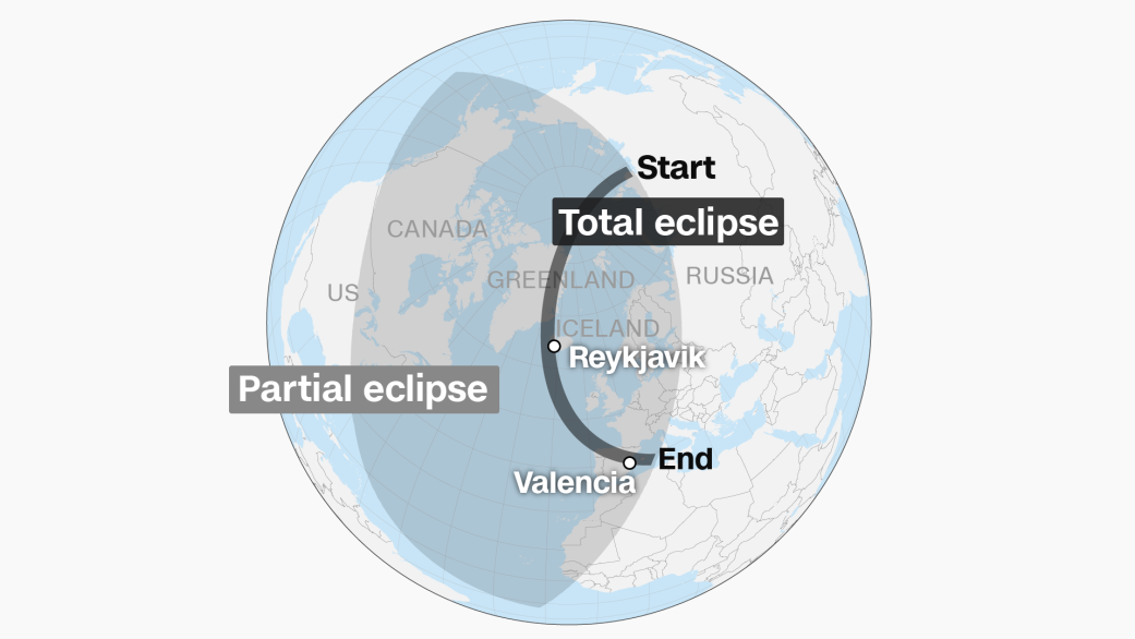 Map which highlights where the eclipse of August 12, 2026 is predicted to run