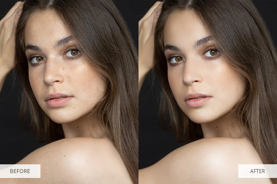 Comparison of a woman’s face before and after digital editing, showing smoother skin and enhanced features in the after image.