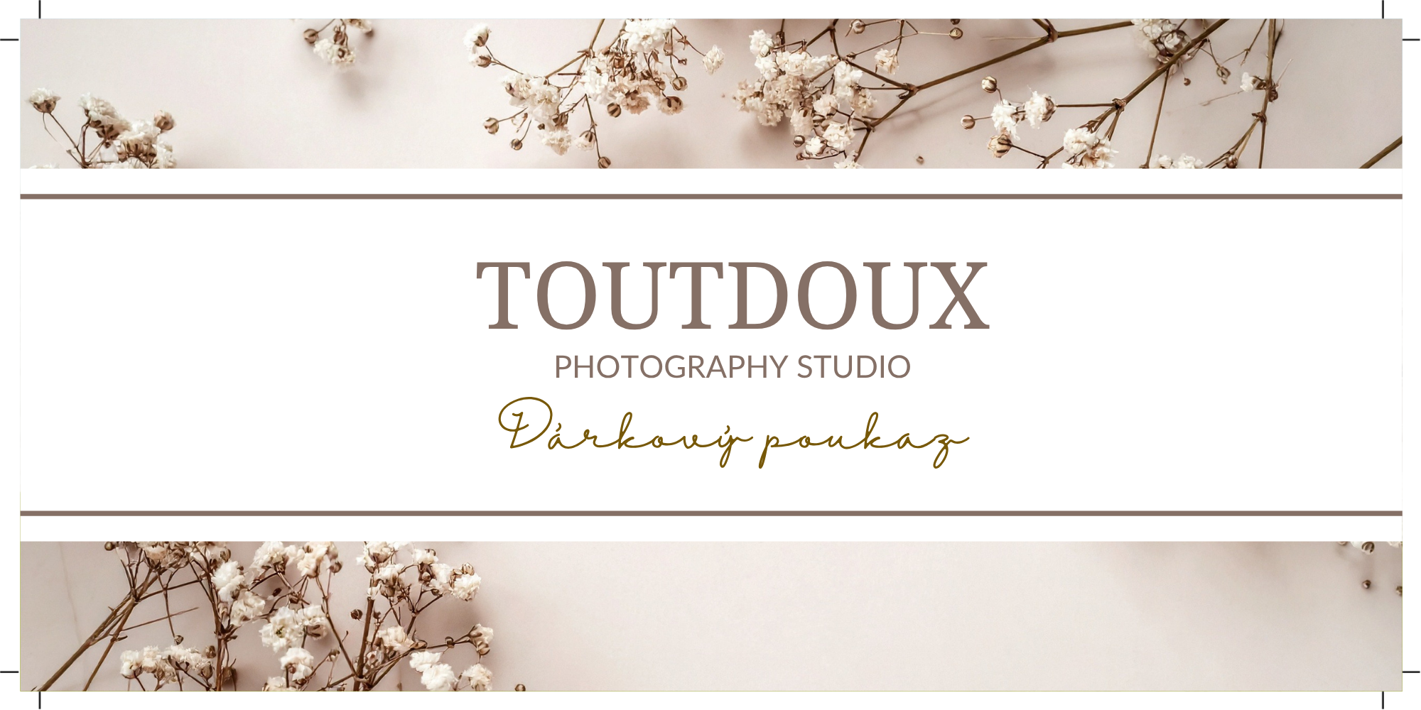 Business card for Toutdoux Photography Studio with a white background, floral branch decorations, and text in different fonts including Greek and Latin characters.