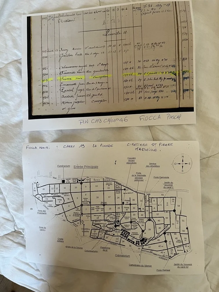 Plot map of the Cimetière Saint-Pierre and a register entry showing Pascal Fiocca highlighted