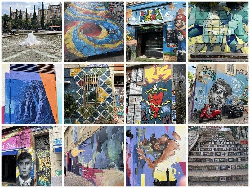 A collage of twelve photos of street art in Cours Julien, Marseille: colourful murals, painted doorways and shopfronts, a fountain square, and a staircase decorated with rows of small pictures.