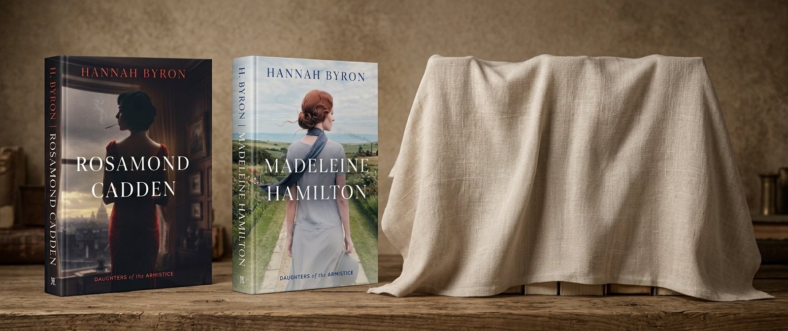 A bookshelf with on the left the first book Rosamond Cadden, next to it the book Madeleine Hamilton and next to it a couple of books under a cover sheet.