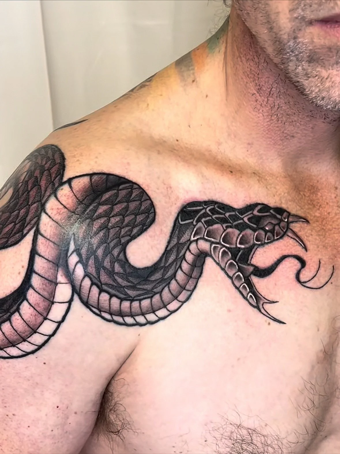 Wicked wrapping snake piece from @ballytattoos 
.
Swipe to see the progression on this viper. If you&rsquo;re looking for something of this style, reach out to Kyle to book 
.
#snake #snaketattoo #viper #shouldertattoo #blackwork #illustrative #brigh