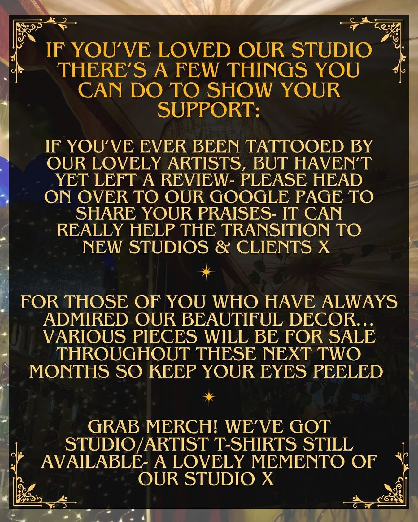 Thank you to everyone who has come through our doors. You&rsquo;ve been a huge part of making this studio a vibrant, warm, creative space. We&rsquo;d love to hear if you have any favourite stories of tattooing or being tattooed with us - we may be fa