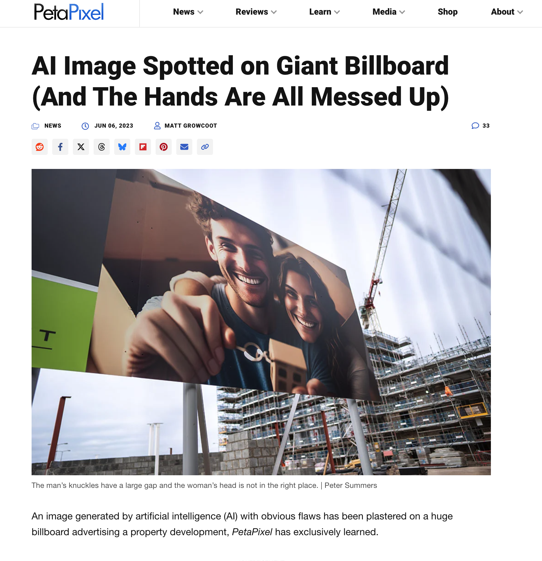 Imagem de IA detetada em cartaz gigante revela falhas nas mãos