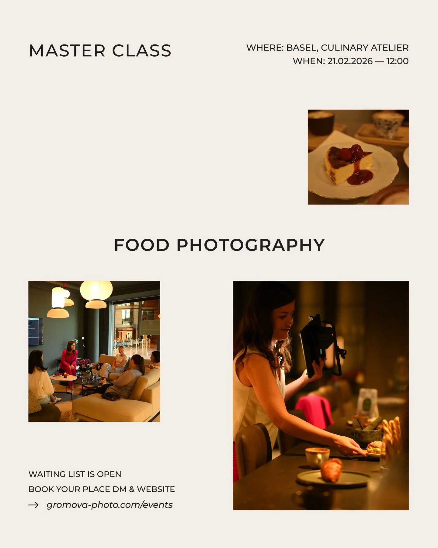 New Year &mdash; New Photography Master classes ✨

First Food Photography MK 2026 will be already 21.02.2026. We are meeting again in the most beautiful space &mdash; Culinary Atelier in Basel. 

Who is this for?

📸 Beginner food photographers &ndas