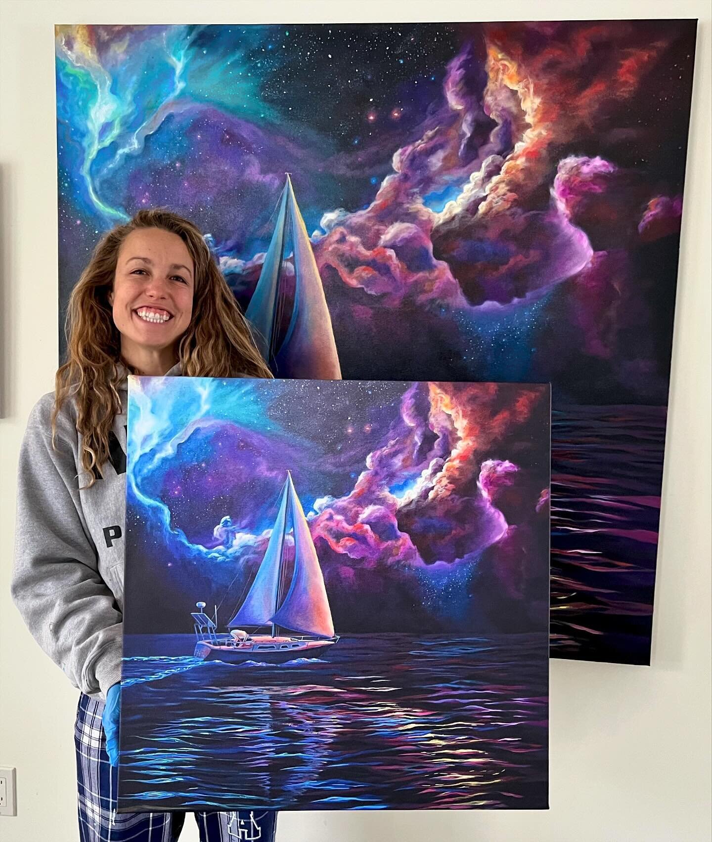 24x24 canvas prints of &ldquo;Sailing through Darkness&rdquo; came in on this glorious snow day and I was so excited I had to take a sleepy picture in my pajamas to share 😂🥳🤩 This is one of my favorite paintings ever and I&rsquo;m so pumped to off