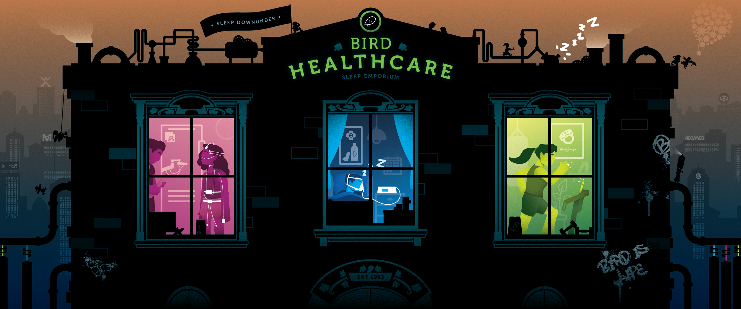 Bird Healthcare sleep banner cartoon style, sleep down under, echamber, rss, sleepimage medikro, suregard