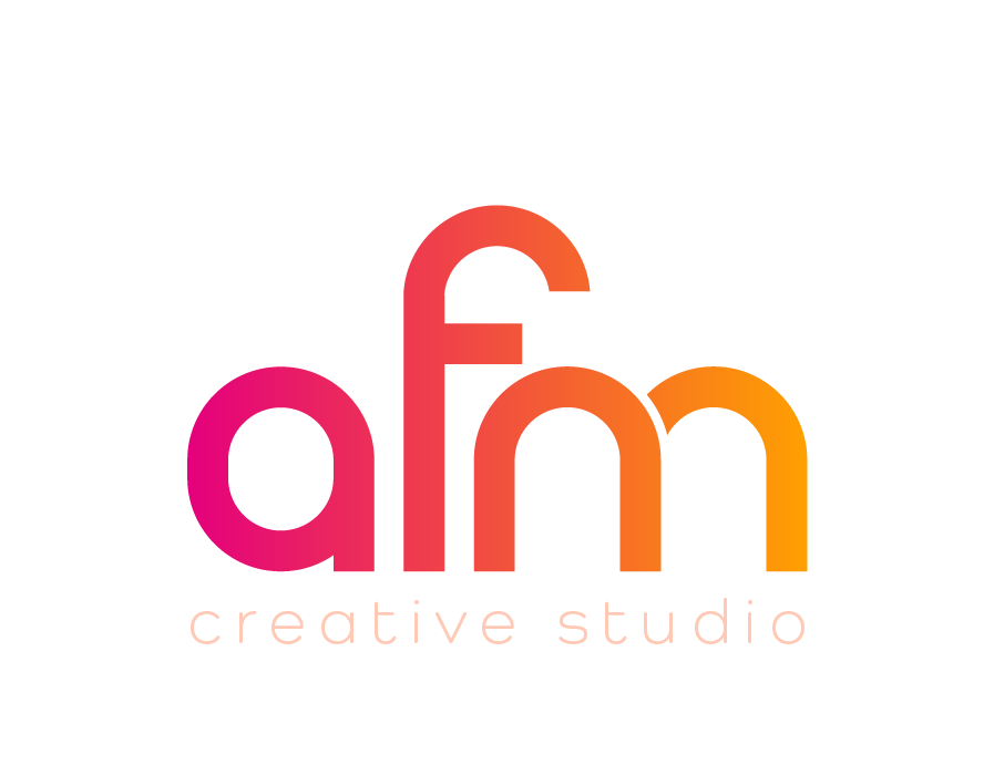 Pink and orange gradient logo with the letters afm in the center, followed by the words creative studio underneath