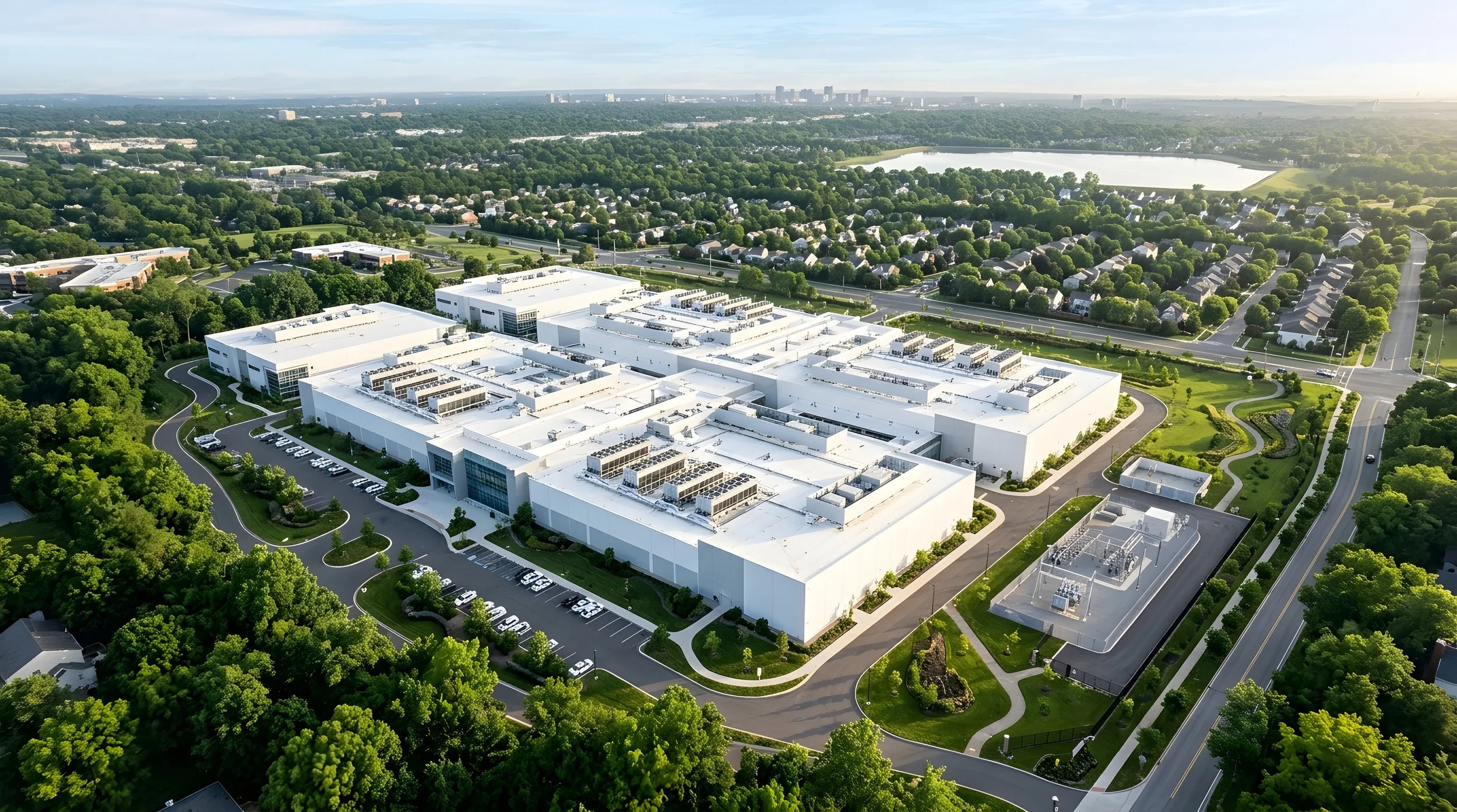 Aerial view of a data center with rooftop cooling equipment near a residential neighborhood