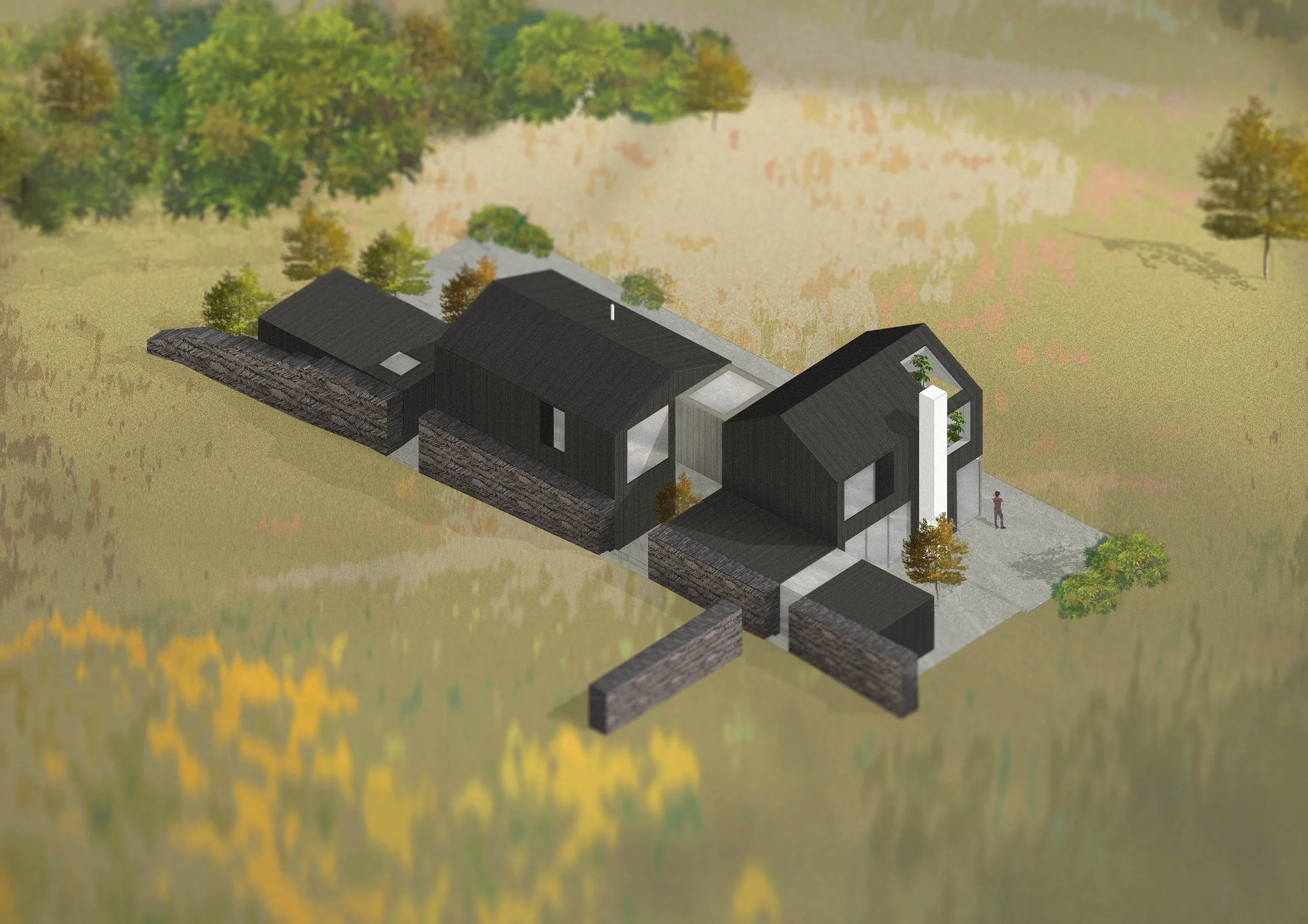 Architectural collage visualisation in a green landscape depicting a black house composed of three individual volumes with local stone walls surrounding it