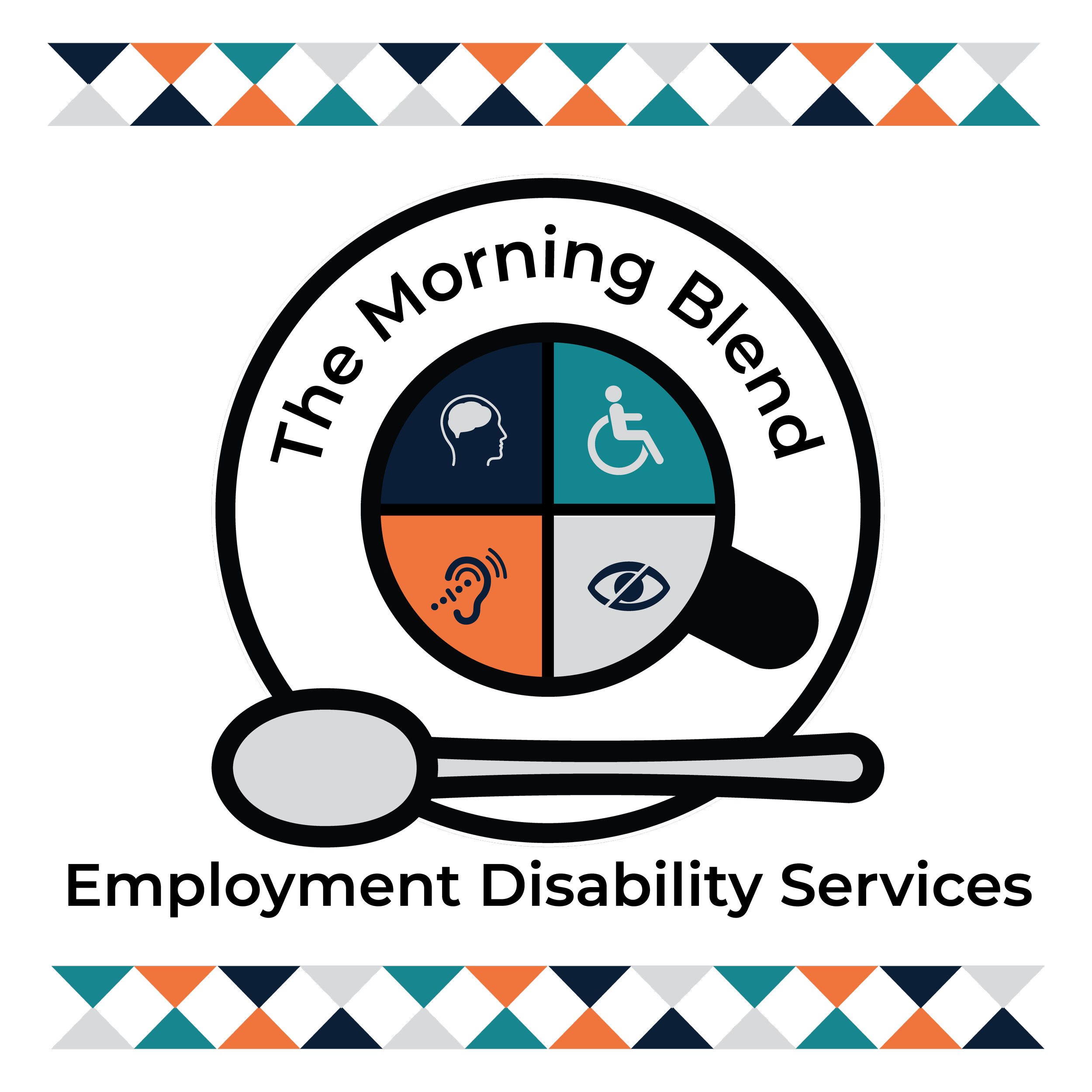 The Morning Blend logo featuring a coffee mug with four disability icons—cognitive, mobility, hearing, and vision—surrounded by a colorful geometric border.