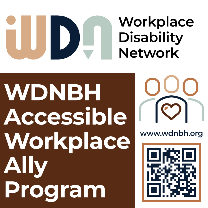 Accessible workplace ally program graphic with WDNBH logo, heart icon, and QR code.
