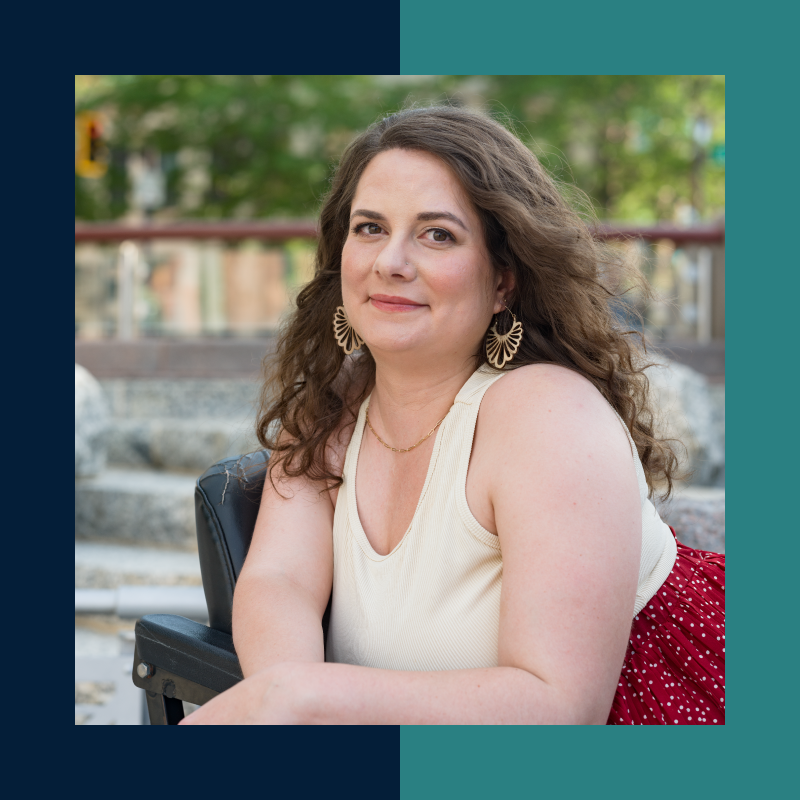 Portrait of Kelsey Stine, founder of Vela Creative Co. and accessibility advocate, seated outdoors and smiling.