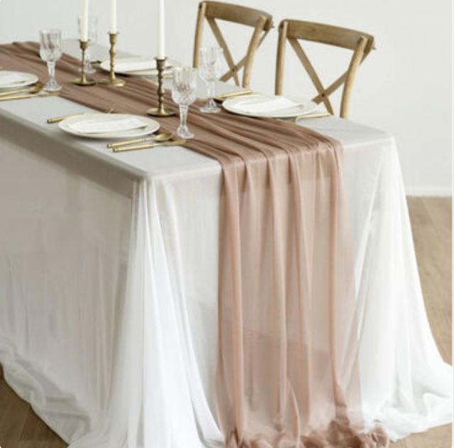 Taupe Sheer Table Runner -
$7.00 per runner -
27 Runners Available for Rent