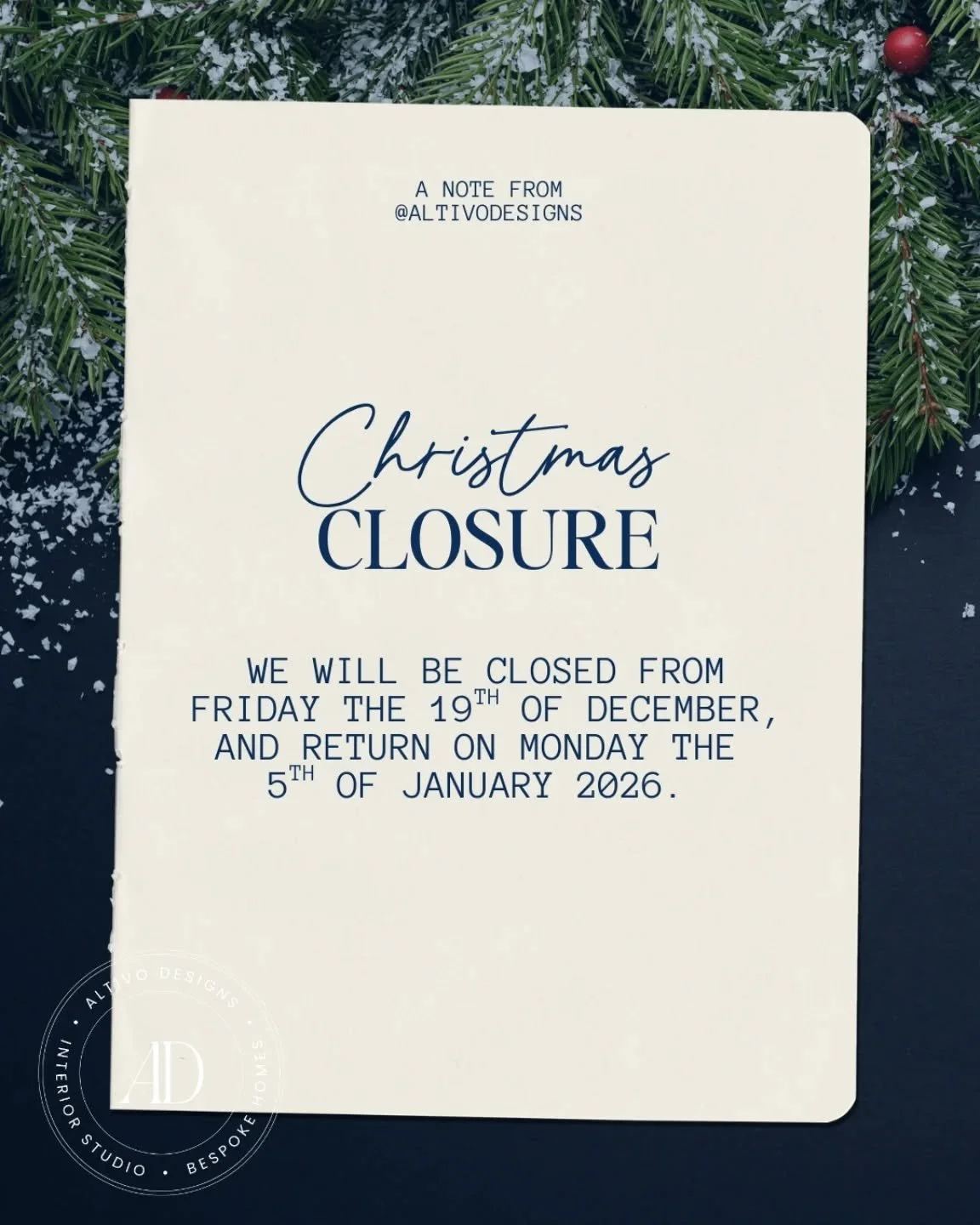 It's that time of year again 🎄🌟

Can you believe 2025 is finally coming to an end? 
Our office will be closed from Friday the 19th of December, but we'll back on Monday the 5th of January, ready for a fresh new start ❤️