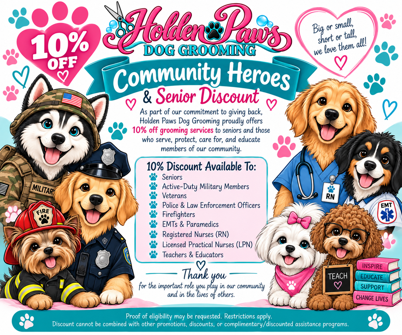 Colorful flyer for Holden Paws Dog Grooming offering a community hero and senior discount with a 10% off grooming services. Features animated dogs dressed in uniforms, paw prints, hearts, and a note of appreciation.