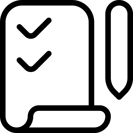 Black outline icon of a checklist and a pencil.