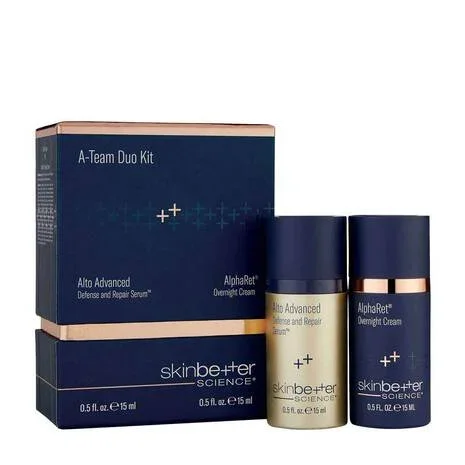 A boxed skincare set includes two bottles of Skinbetter Science Alto Advanced Defense and Repair Serum and AlphaRet Overnight Cream, with the products placed beside the box.