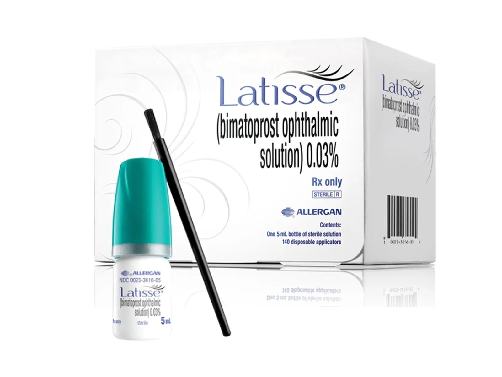 A box of Latisse ophthalmic solution with a small bottle and applicator brush in front.