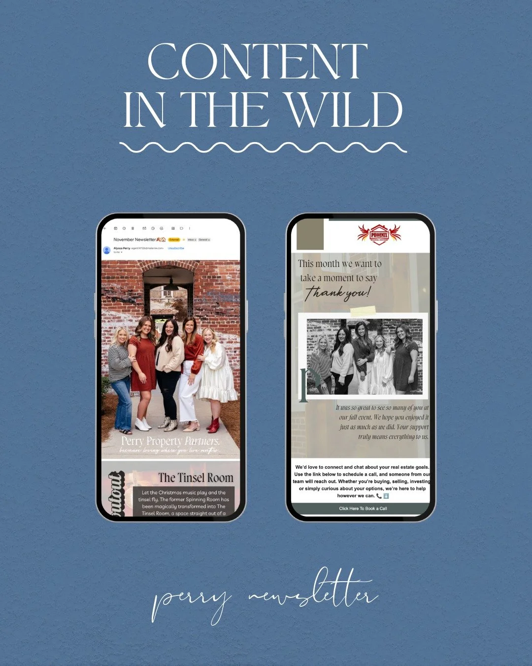 It's always so surreal to see my work come to life in my clients' content!! I love how @perrypropertypartners leveled up their monthly newsletter with new team photos (bc when your inbox is as packed with newsletters as mine, those eye-catching brand