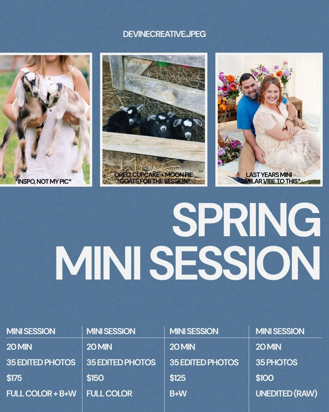 Trying something new with some spring minis! 4 options to choose from ✨

Interested in full color? Maybe only black and white? Maybe you want raw so you can edit your own? The choice is yours!! 

Baby goat mini sessions at our mini farm! 🐐🤠 a stunn