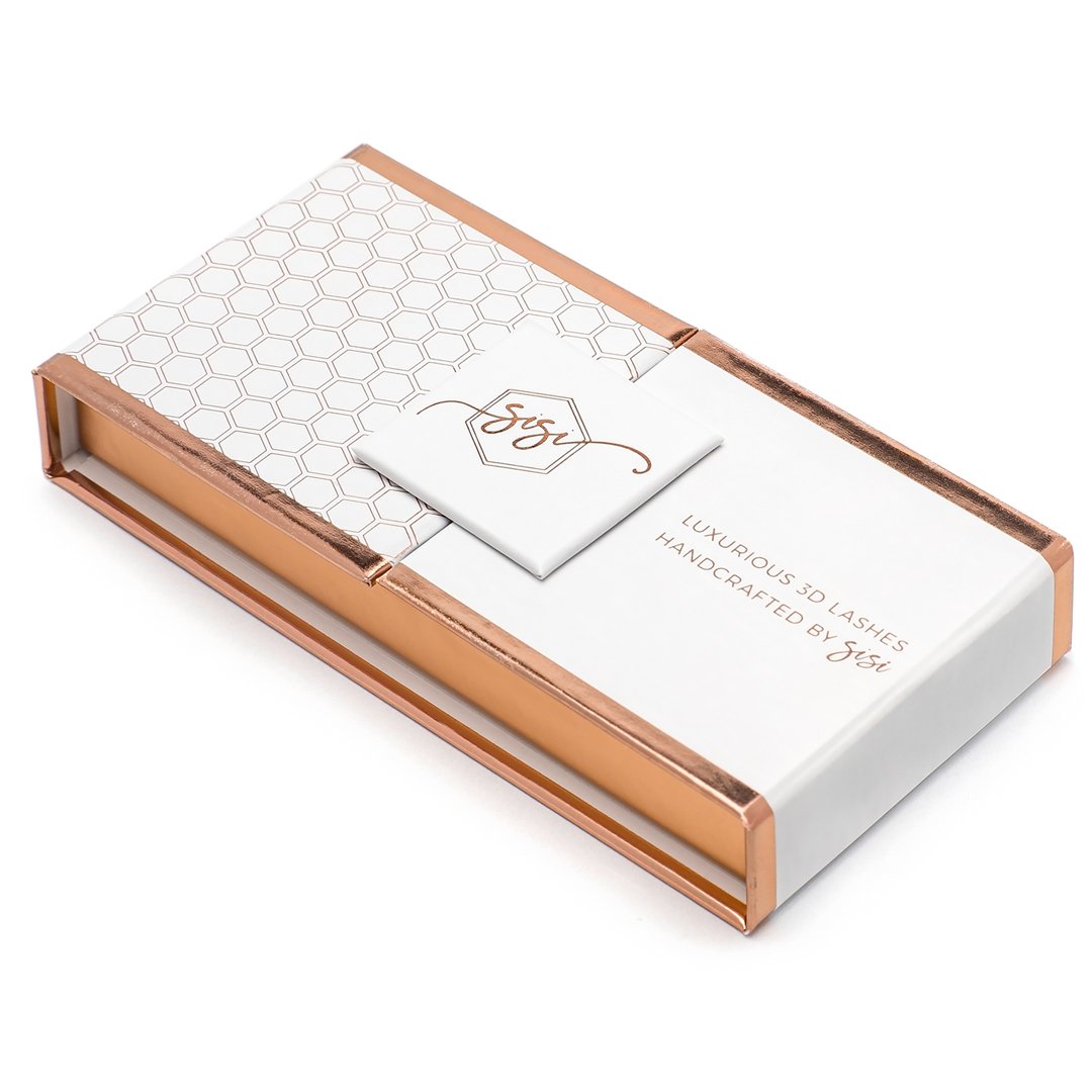 Sisi Lashes packaging box designed by packaging design specialists, Sodium & Co.