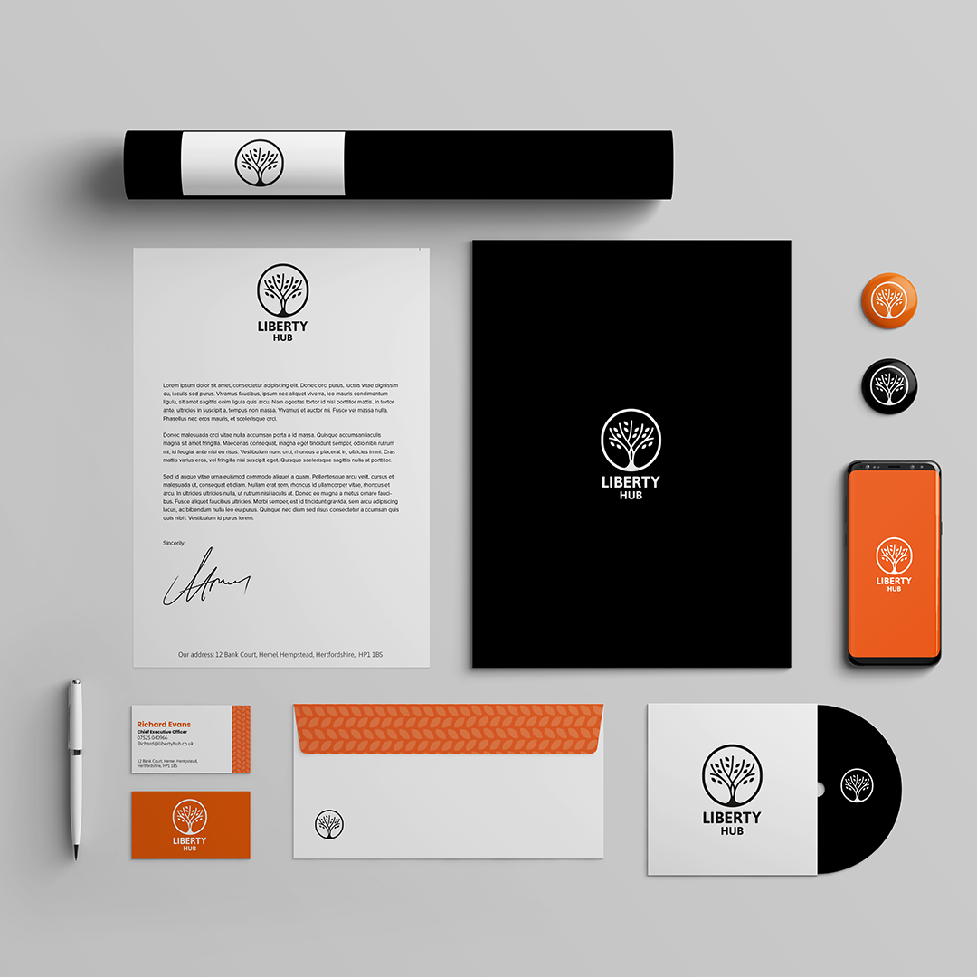 Liberty Hub stationery and brand identity system including letterheads, business cards and digital assets.