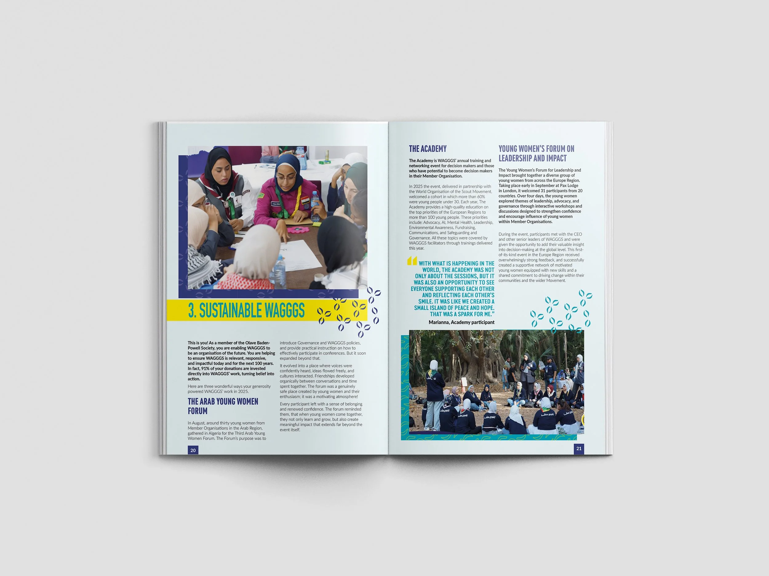 "Charity impact storytelling spread from the Olave Baden-Powell Society Annual Review."