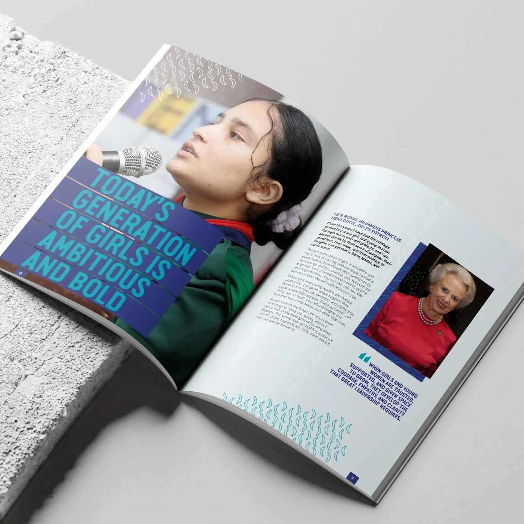 Editorial spread from the Olave Baden-Powell Society Annual Review showcasing charity publication design.