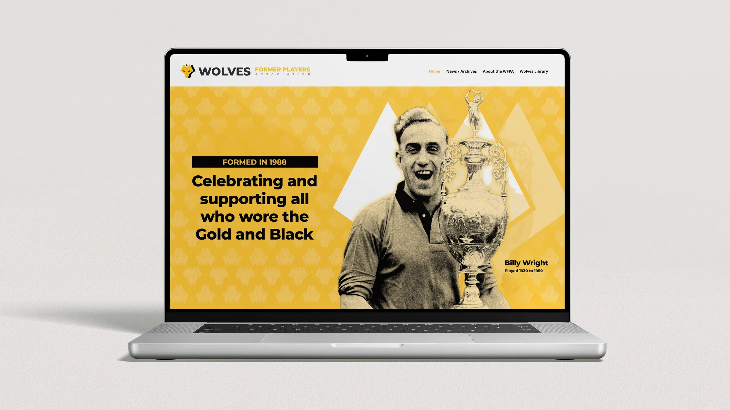 Homepage of the refreshed Wolves Former Players Association website, designed by Sodium & Co to celebrate the club's heritage and support former players.