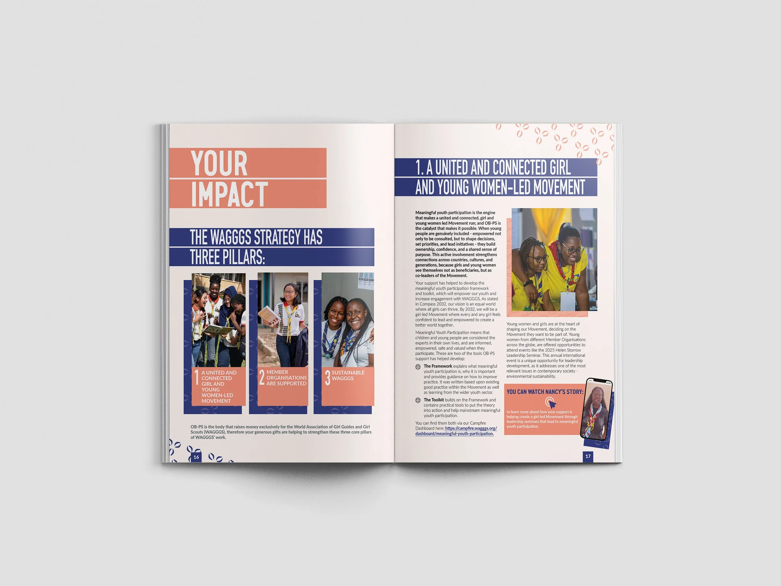 Impact reporting and infographic design for the Olave Baden-Powell Society Annual Review.
