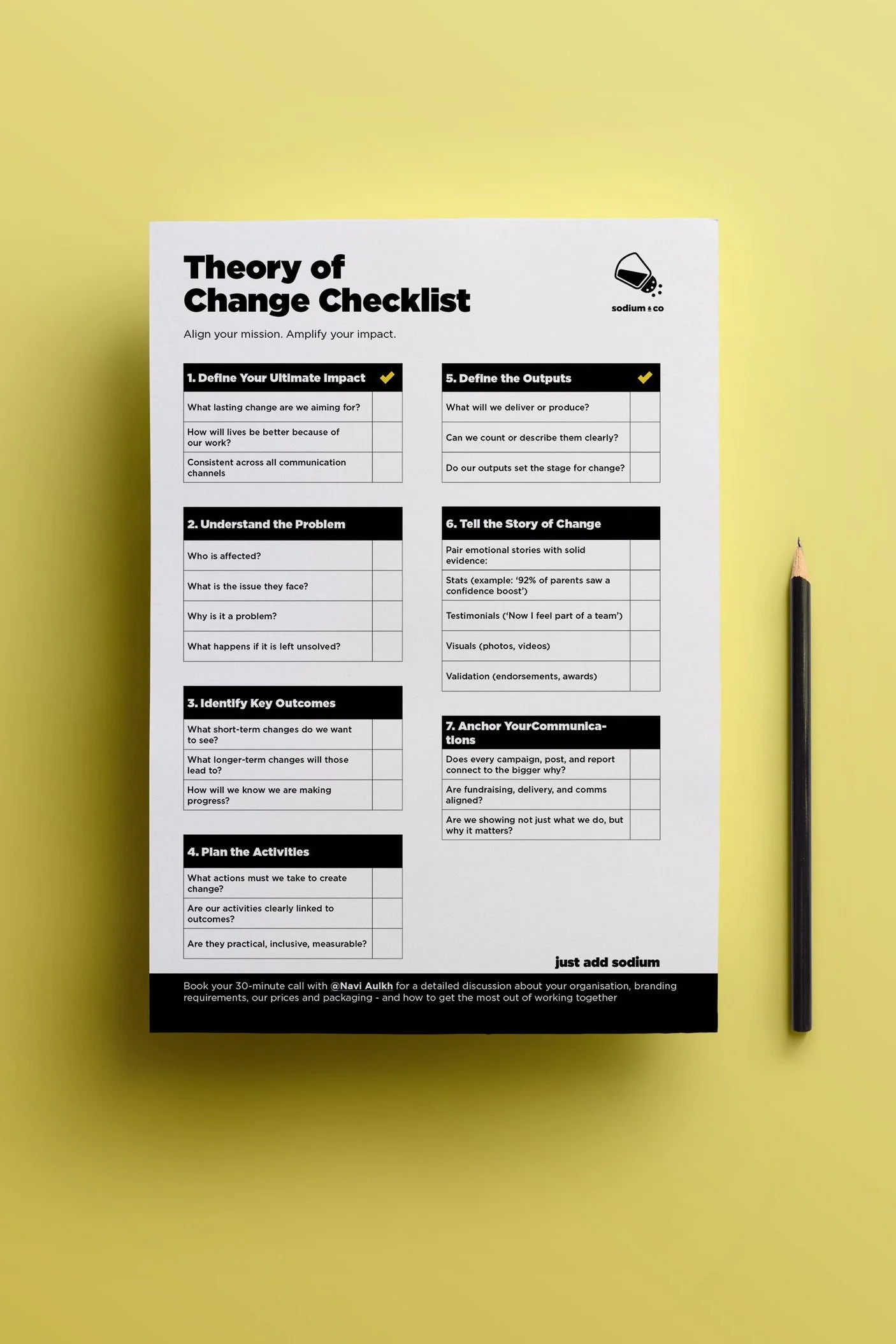 A printed spreadsheet titled 'Theory of Change Checklist' on a white paper on a yellow background, accompanied by a black pencil.
