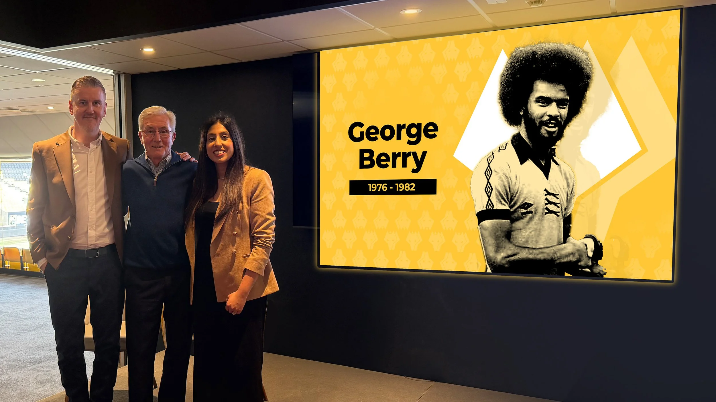 Chris Green, John Richards and Navi Green at Molineux Stadium celebrating the launch of the Wolves Former Players Association brand identity and website designed by Sodium & Co.