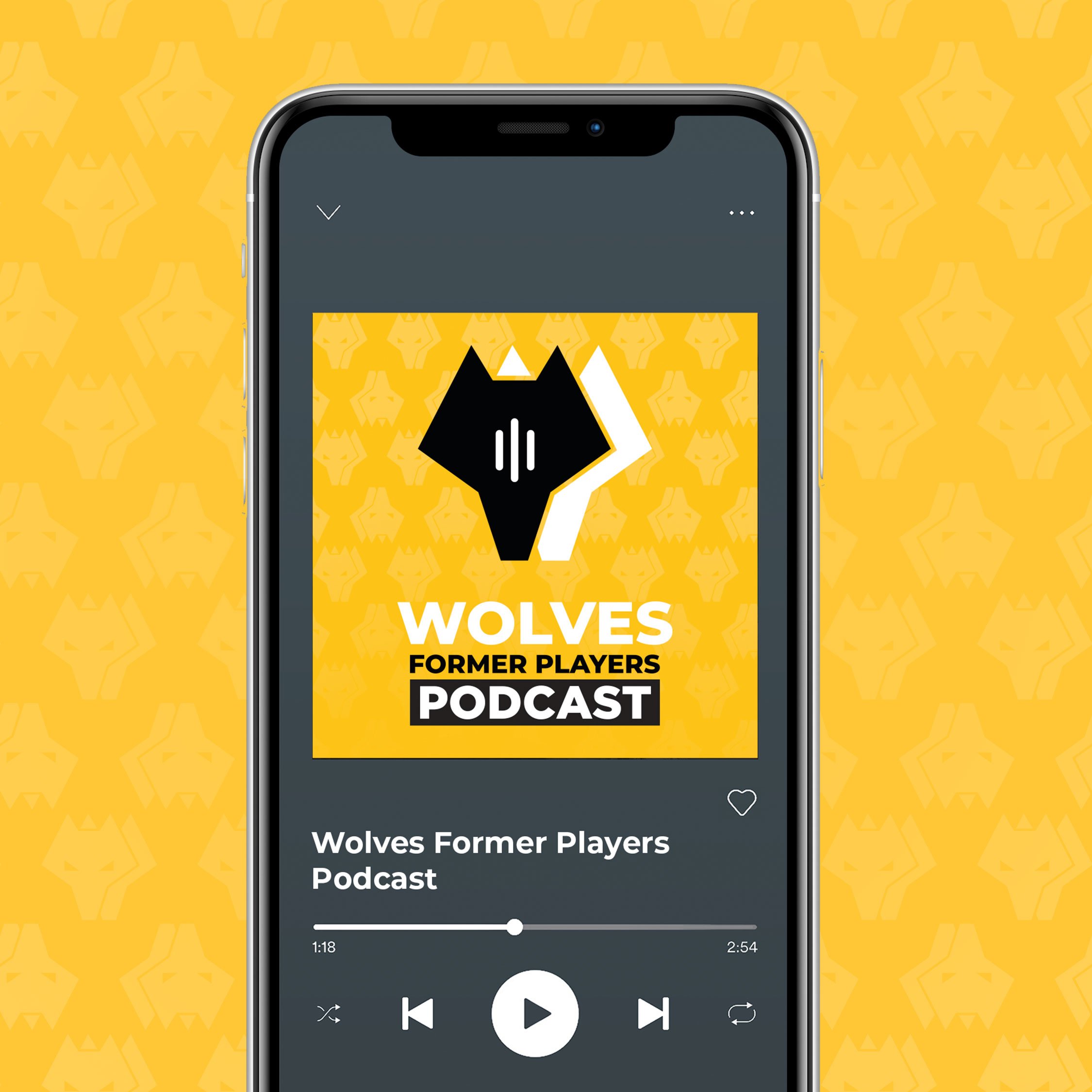 Wolves Former Players Association podcast artwork displayed on a smartphone as part of the Association's refreshed brand identity.