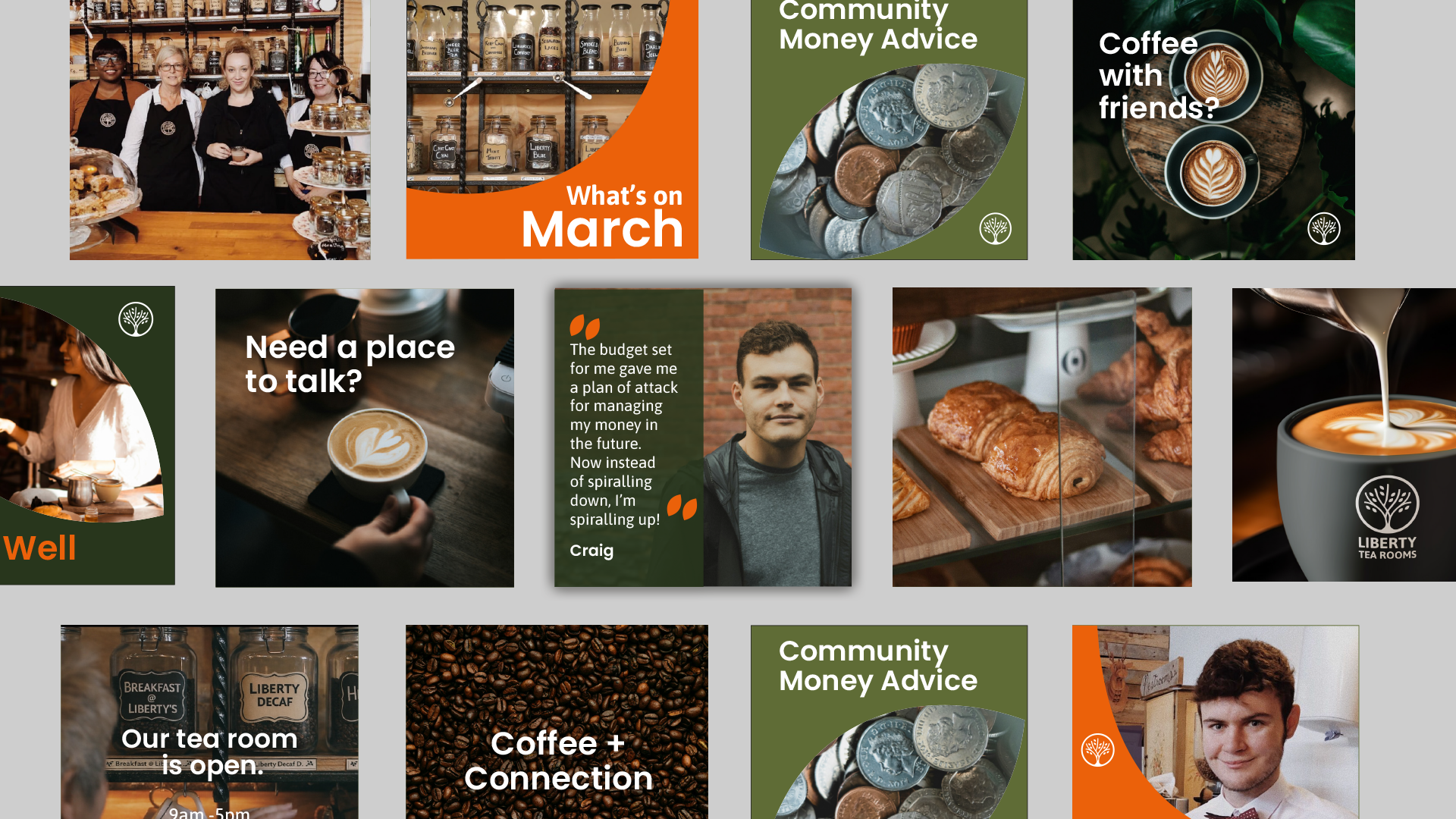 Collection of Liberty Hub social media graphics promoting community support, events, coffee mornings and money advice services.