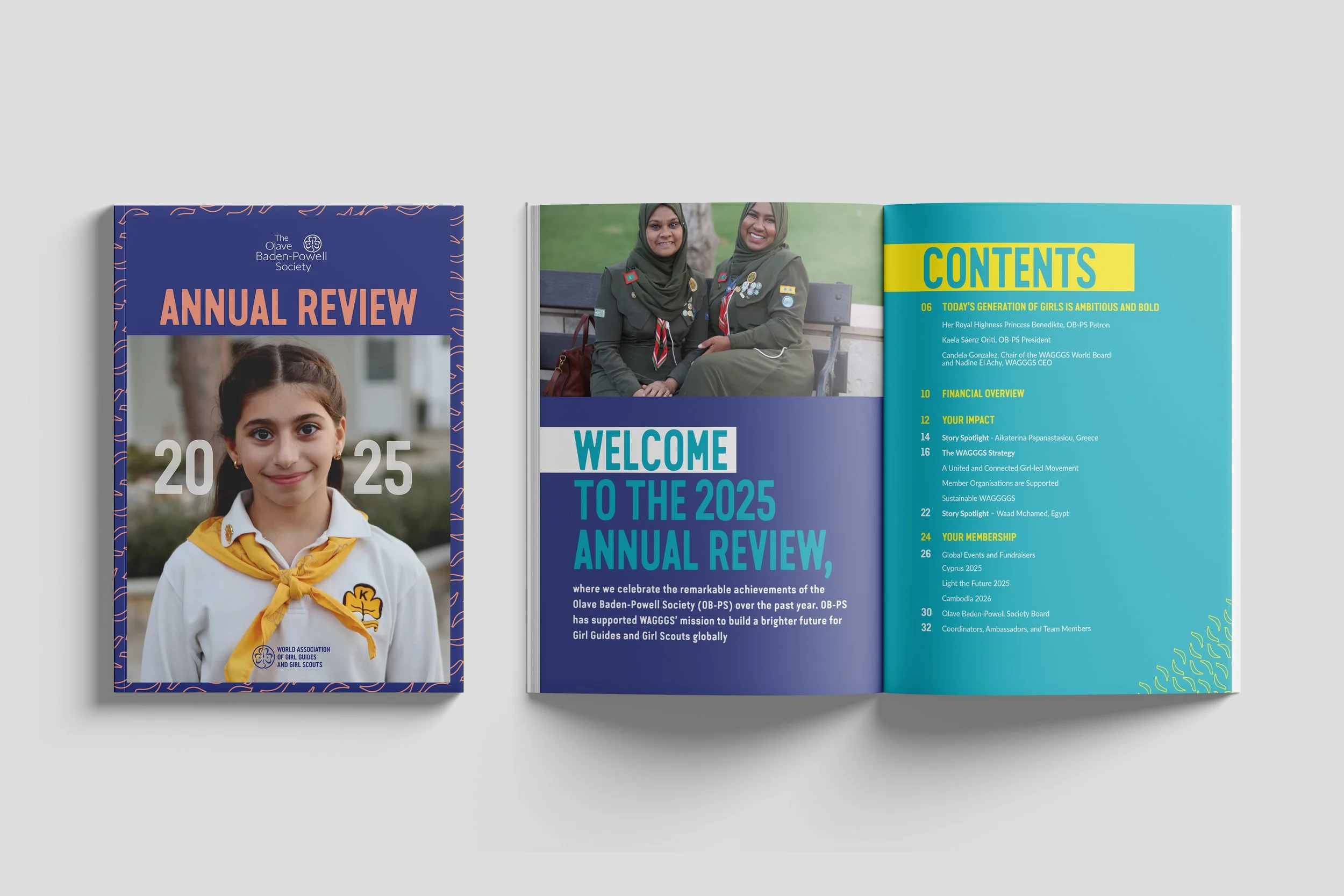Annual Review cover design for the Olave Baden-Powell Society created by Sodium & Co