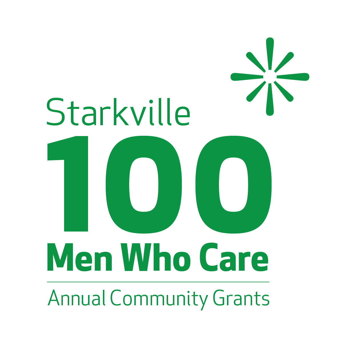 Logo for Starkville 100 Men Who Care, an annual community grants program, featuring large green text '100' with smaller green text 'Starkville' and 'Men Who Care,' with a green asterisk-like symbol in the top right corner.