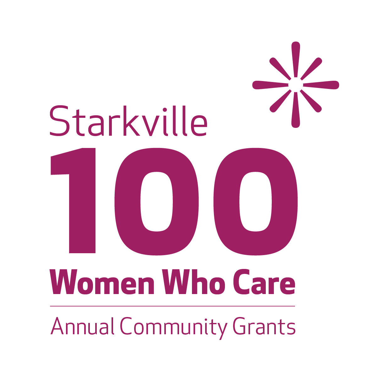 Logo for Starkville 100 Women Who Care with the words 'Annual Community Grants' and a purple starburst graphic.