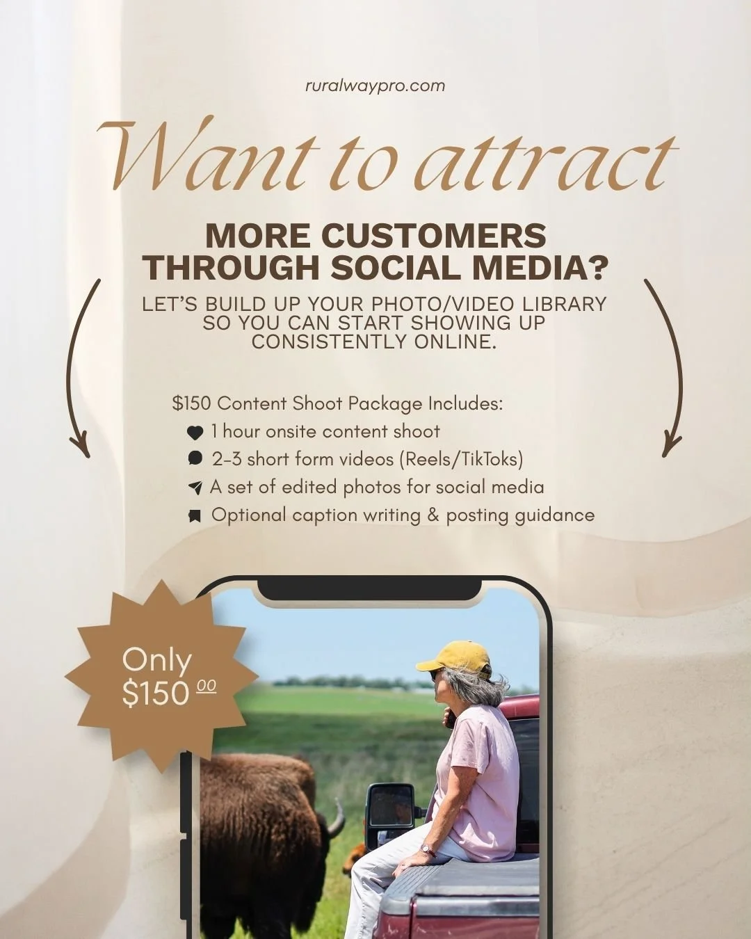 Want to attract more customers through social media, but don&rsquo;t have the time or content to post consistently?

I&rsquo;m offering a simple content package for small businesses:

$150 Content Shoot Package Includes:
&bull; 1 hour onsite content 