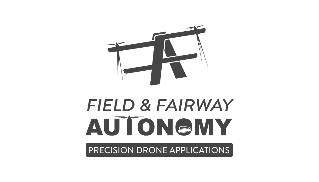 Logo for Field & Fairway Autonomy featuring a drone and text, with a dark background.