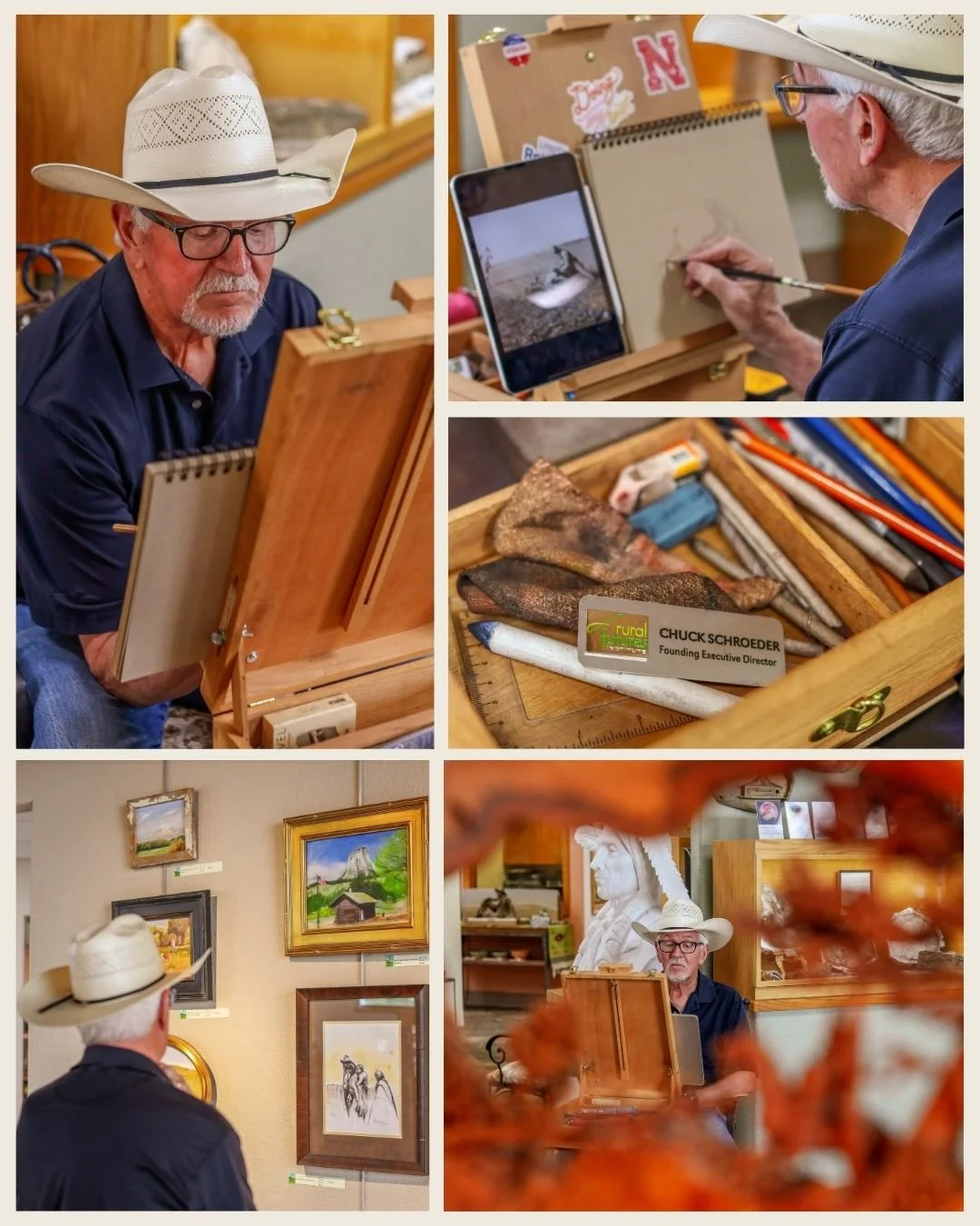 A man wearing a large white cowboy hat and glasses, working on an art piece or craft in an art gallery or studio. He is seen painting or drawing on a small easel, with art supplies and a name badge reading 'Chuck Schroeder, Founding Executive Directo