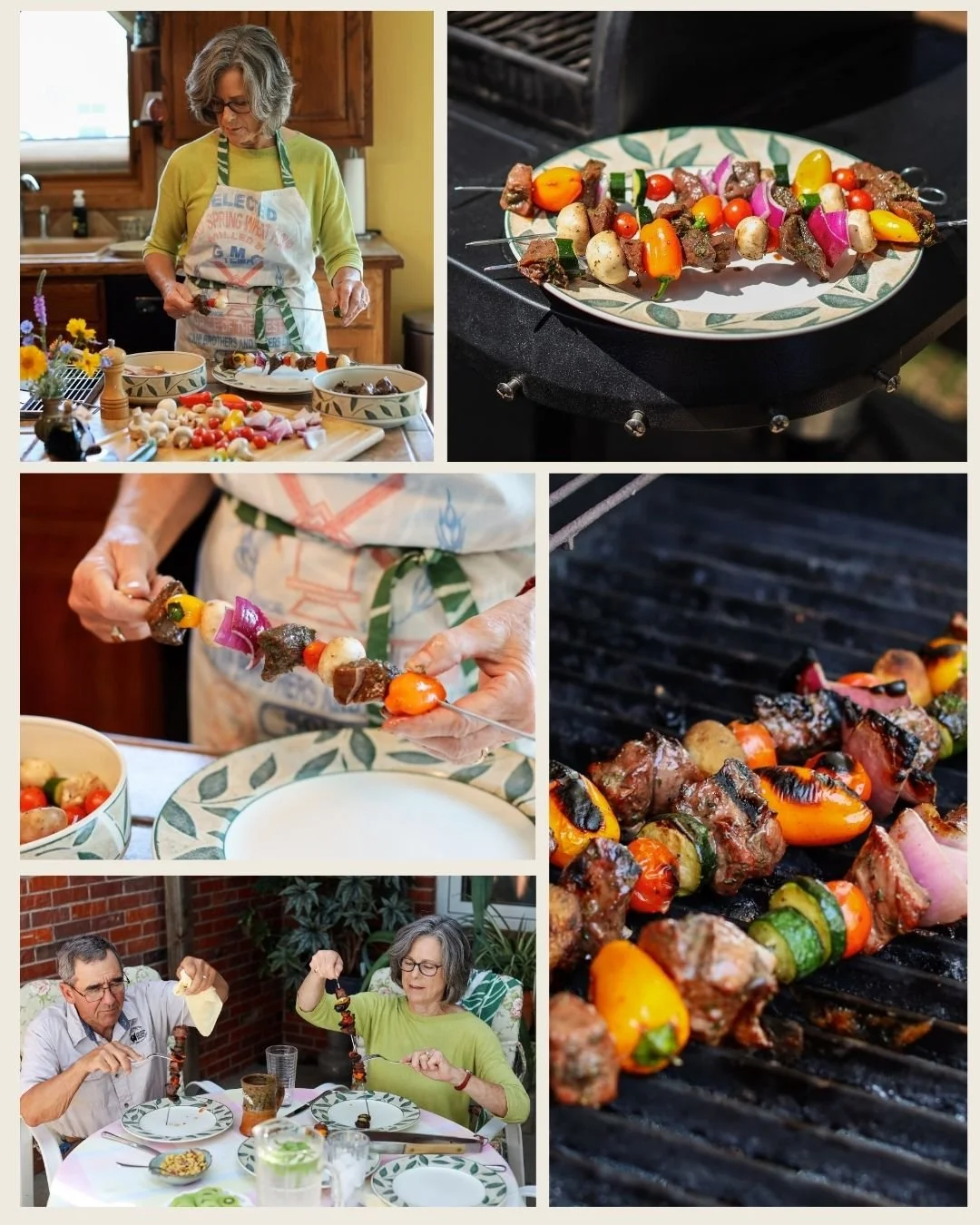 A collage of images showing a woman preparing and grilling vegetable and beef skewers, then serving and eating them at a dinner table outdoors.
