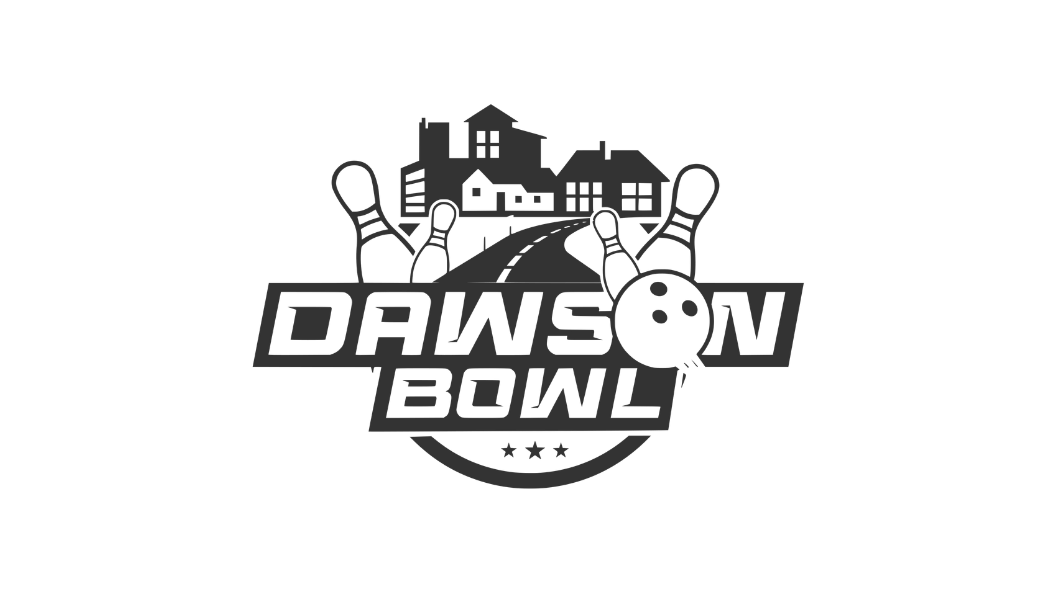 Logo with houses, a road, bowling pins, and a bowling ball, featuring the words 'Dawson Bowl' and three stars.