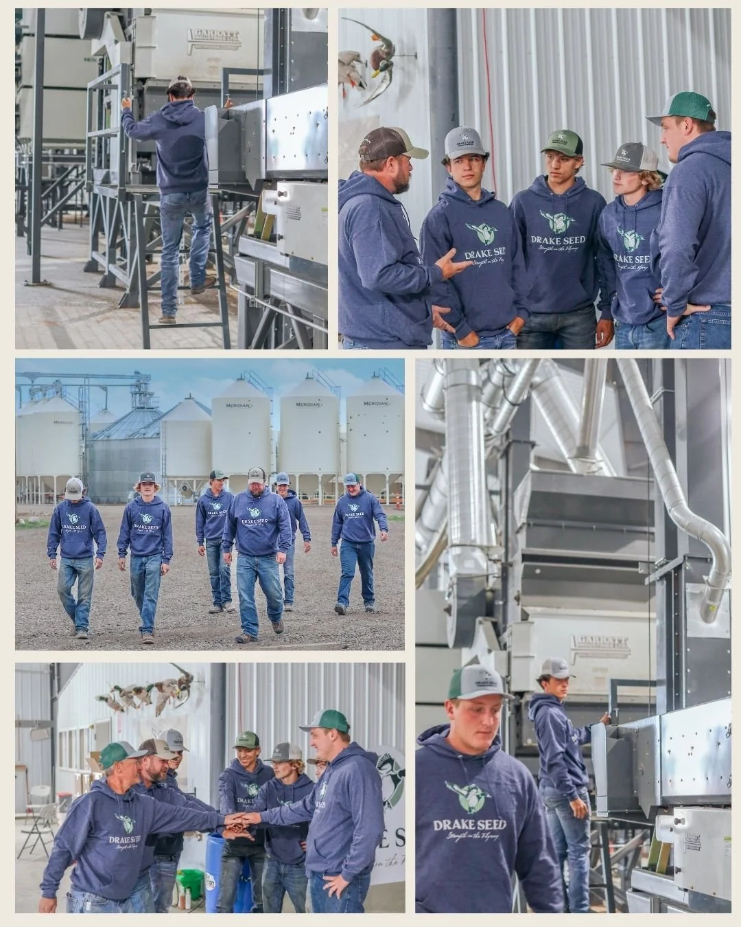 Group of people in blue and green Drake Seed hoodies and caps touring an agricultural facility with large storage tanks and industrial equipment.